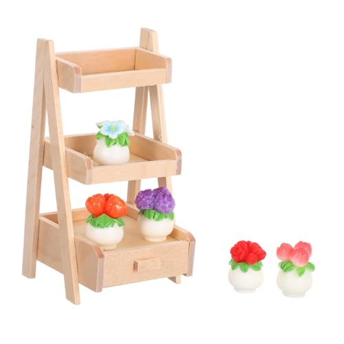 VANZACK Miniatur-Dollhouse-Blumen Mini-Pflanzen in Farbtöpfen Holzregal Platzsparende Mini-deko Vielseitig für Puppenhaus DIY-Ornamente und Kleine Räume von VANZACK