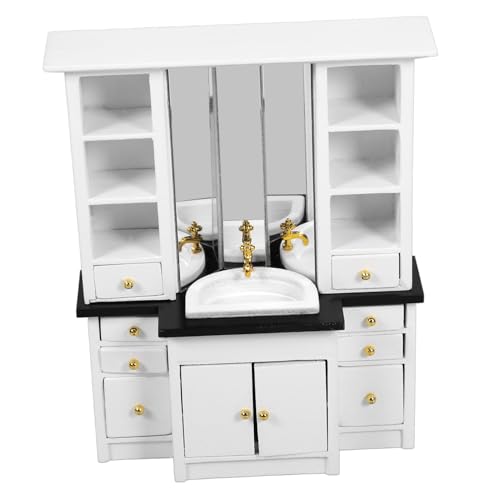 VANZACK Miniatur Holzschrank mit Waschbecken Weiß Puppenhaus Möbel Dekoration für Badezimmer und Küche Realistisches DIY Puppenhaus Zubehör von VANZACK