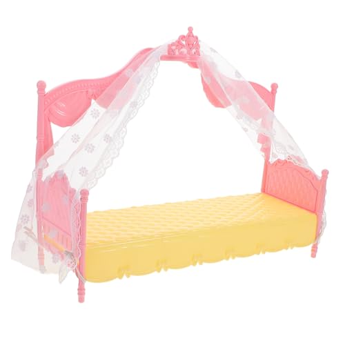 VANZACK Prinzessinnen Puppenbett Miniatur Modell mit Schlafvorhang Einfach Montierbar Puppenhaus Zubehör für Kleinkinder Rosa Gelbes für Kreatives Rollenspiel und Kinderzimmer Dekoration von VANZACK