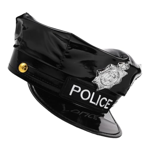 VANZACK Schwarzer PU Polizeihut mit Authentischem Abzeichen Glänzend Oktagonal Cop Hut für Erwachsene Vielseitiges Kostümzubehör für Cosplay Halloween und Rollenspiele von VANZACK