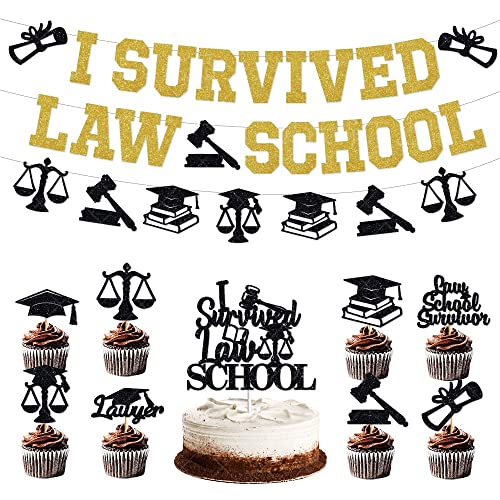 Cupcake-Topper "Law School 5,133.5 cm, 25 Stück, VARACL schwarzer Glitzer, legales Thema, Kuchendekoration mit Abschlusskappe, Halm, Waage, Designs für Klasse 2025, Anwälte, Abschlussfeier von VARACL