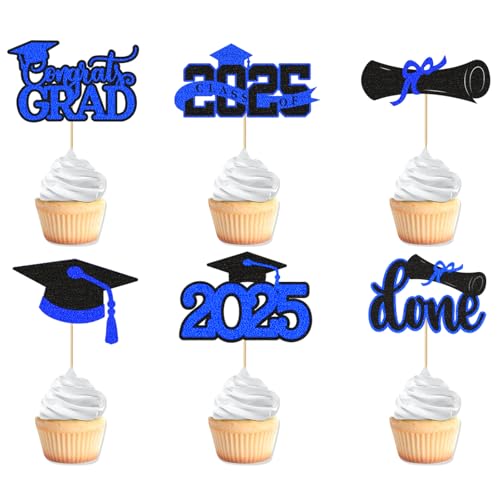 Cupcake-Topper zum Schulabschluss 2025, VARACL Graduation Dekorationen 2025, Klasse 2025, Glitzer-Grad Kappe, Diplom, Cupcake-Picks, Party-Kuchendekorationen, Zubehör, 24 Stück von VARACL