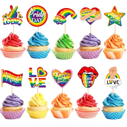 VARACL 30 Stück Pride Month Cupcake-Aufsätze, Regenbogen-Kuchenaufsatz für LGBT-Pride-Party-Dekoration, Gay-Regenbogen-Partyzubehör, Kuchendekorationen von VARACL