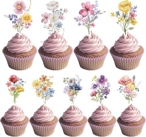 VARACL 36 Stück Cupcake-Topper mit Wildblumen, Blumen-Kuchen-Topper, Babyparty, Kuchendekoration für Hochzeiten, Tee-Party-Dekoration, Fairy Spring VARACL 36 Stück Cupcake-Topper mit Wildblumen, Blumen-Kuchen-Topper, Babyparty, Kuchendekoration für Hochzeiten, Tee-Party-Dekoration, Fairy Spring von VARACL