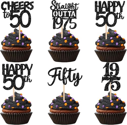 VARACL Cupcake-Topper "Happy 50th Birthday", schwarzer Glitzer, Kuchendekoration für Damen und Herren 1975, Cheers to 50 Years Wedding Anniversary Party Favors Decor Cake Decorations von VARACL