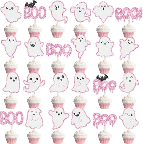 VARACL Halloween-Cupcake-Aufsätze, rosa Glitzer, Boo Geister-Kuchenaufsatz für Halloween-Party-Dekorationen, Cupcake-Picks, Lebensmittel-Picker für Geister-Thema, Geburtstag, Babyparty von VARACL