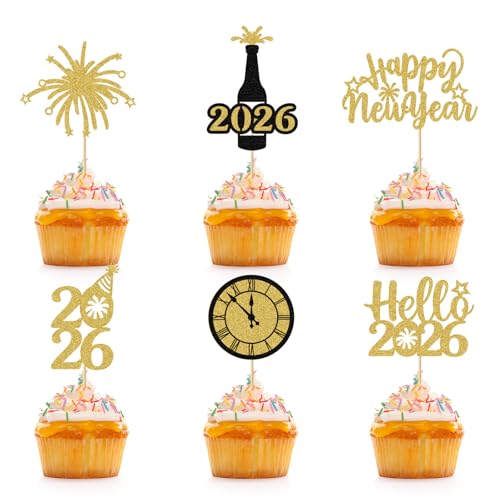 appy Neujahrs-Cupcake-Aufsätze, VARACL 24 Stück, Hello 2026, Cupcake-Picks, schwarz-goldenes Glitzer, Feuerwerk, Prost bis 2026, Kuchendekorationen für den Winter, festliche Feiertage, Silvester appy Neujahrs-Cupcake-Aufsätze, VARACL 24 Stück, Hello 2026, Cupcake-Picks, schwarz-goldenes Glitzer, Feuerwerk, Prost bis 2026, Kuchendekorationen für den Winter, festliche Feiertage, Silvester von VARACL