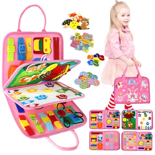 VARANO Busy Board Montessori Spielzeug ab 1 2 3 Jahre – Kleinkinder Activity Board Motorikspielzeug, Toddler Reise Lernspielzeug, Geschenk für Jungen Mädchen (Einhorn/Pink) von VARANO