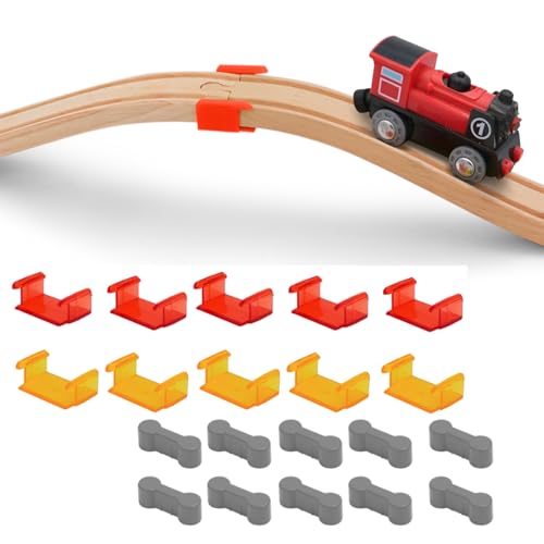 VARKAGE 10 Stück Brückenclip für Holzeisenbahnen und 10 Stück Holzschienen Adapter Verbinder, Holzeisenbahn Zubehör Wiederverwendbare, Universal Holzbahnverbinder für Spielzeugeisenbahnen Geburtstagsf von VARKAGE