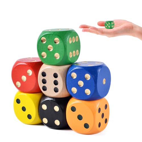 VARKAGE 7 Stück Würfel Groß, 30mm Würfel Bunt, Holzwürfel Groß für Kartenspiel Partyspiele Kinder Spiele Zubehör von VARKAGE