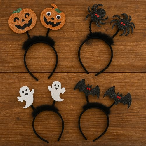 VARZI Halloween-Haarreif – 4 lustige Designs mit Kürbissen, Geistern, Fledermäusen und Spinnen für Partys und Kostüme von VARZI