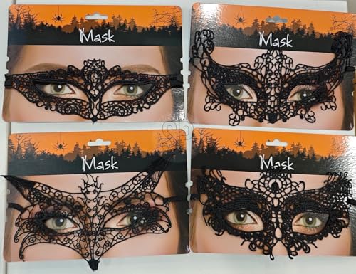VARZI Halloween-Maske für Damen, sortiert – Masken aus schwarzer Spitze, 4 elegante Designs für Partys, Verkleidungen und Horror-Kostüme von VARZI