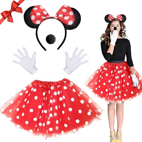 Damen Minnie Mouse Kostüm,4 Stück Mini Maus Karneval Kostüm Damen Fasching mit Rot Tutu mit weiß Gepunktet,Ohren Haarreifen, Handschuhe, Nase Cosplay Set für Karneval Kostüm Damen Fasching Kostümparty von VASIN