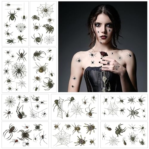 Halloween Tattoos, 10 Blätter Schwarz Spinnen Temporäre Tattoos mit Spinnennetz Gesicht Tattoo, 3D Realistisch Halloween Schminke Tattoo für Halloween Masquerade Karneval Party Punk Geschenk von VASIN