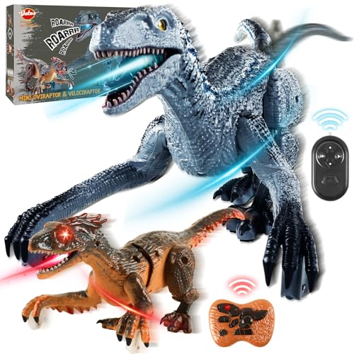VATOS 2 Pcs RC Dinosaurier-Spielzeug, 2.4Ghz RC Realistic Velociraptor & Rechargeable Mini Oviraptor, Realistic Sound Simulation Walking Toys Jurassic Geschenk für Kinder 3+ von VATOS