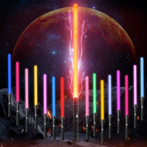 VATOS Wiederaufladbares Lichtschwert, RGB 15 Farbwechsel Metall Hilt Lichtschwert mit 2 Lichtmodi, Laserschwerter Spielzeug mit Kampf Soundeffekt für Kinder Erwachsene Cosplay, Krieger-Mottopartys von VATOS