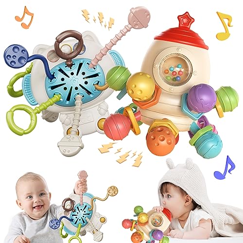 VATOS 2 IN 1 Baby Montessori Spielzeug für 0-6+ Monate, Lebensmittelqualität Silikon Pull String Spielzeug & Hand Gripping Ball Sensory Activity Spielzeug für 3-6 12-18+ Monate Babys von VATOS