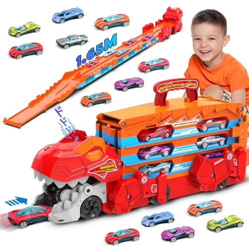 VATOS Dinosaurier Transport Truck - 2 in 1 Auswurf Folding Portable Track Auto Spielzeug Mit 8 Race Cars, Träger Fahrzeuge Set für Kinder Jungen 3-5 Jahre Alt von VATOS