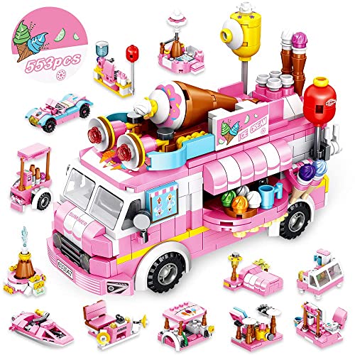 VATOS Bauspielzeug für Kinder, 553 Teile Bauspielzeug für Eiscreme-LKW, 25 Modelle DIY Bausteine Rosa Spielzeug für Mädchen 6 7 8 9 10 11 12 Jahre von VATOS