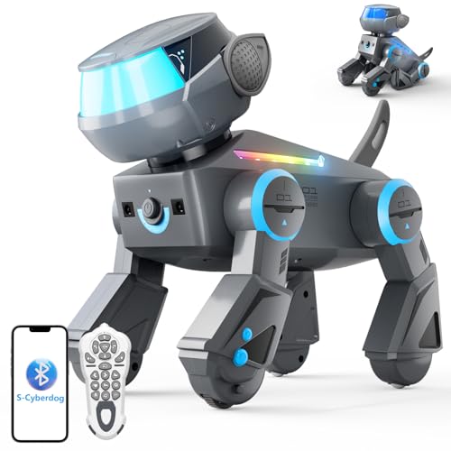 VATOS Ferngesteuerter Roboter Hund für Kinder,Programmierbarer Interaktiver Roboterhund mit Bluetooth und LED-Augen,Singen Tanzen Wiederaufladbarer Roboterhunde Spielzeug für Jungen Mädchen,Grau von VATOS
