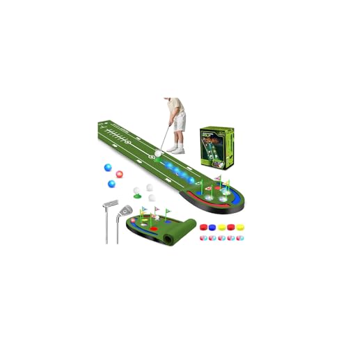 VATOS Indoor-Golf-Putting-Matte, LED-Bälle und leuchtende Cups, Golfspiel-Set mit Eisen und Puttern, tragbares Putting Green für drinnen und draußen von VATOS