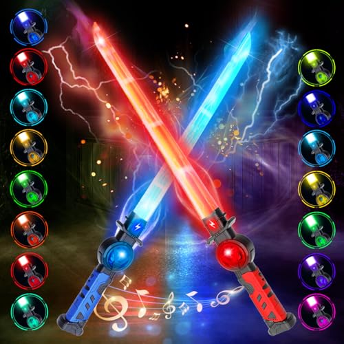 VATOS 2 Stück Wiederaufladbare Lichtschwert für Kinder,15 RGB Variable Farbe Lichtschwert mit Kampf Soundeffekten,2 in 1 Retractable LED Laserschwert Spielzeug für Cosplay,Samurai Themenparty von VATOS