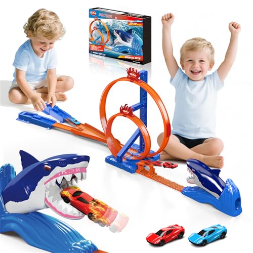 VATOS Rennstrecken Spielzeugauto Set für Kinder, Hai Spielzeug Autorennbahn mit 2 Rennwagen & 2 Looping Track, Springspiel Hai Katapult Stuntbahn, Spielzeug Geschenk für Jungen ab 3 4 5 6 7 8 Jahre von VATOS