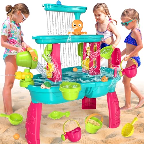 VATOS Sand Wassertisch für Kleinkinder, 3-Tier-Mädchen Sand Tabelle Wasser Spielzeug für 3-5 Jahre alt, Sommer Wasser Aktivität Tisch Strand Hinterhof Garten Outdoor-Spielzeug für Mädchen von VATOS
