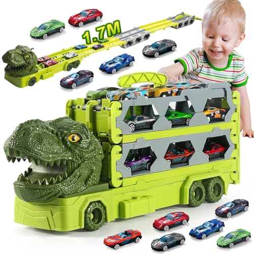 VATOS Transport Truck Spielzeug Autos für Jungen Alter 3 4 5 6 7, tragbare Dinosaurier Rennstrecke Truck Spielzeug mit 6 Rennwagen, Träger LKW Fahrzeuge Spielzeug Set für Kinder von VATOS