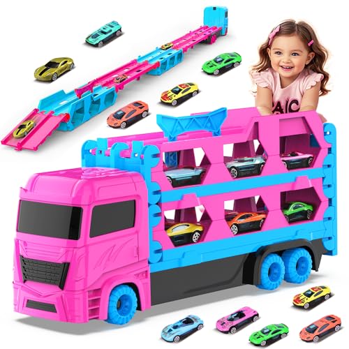 VATOS Transport Truck Spielzeug Autos für Mädchen Alter 3 4 5 6, Kleinkinder Portable Truck Spielzeug mit 6 Race Cars, Carrier Fahrzeuge Set für Kinder VATOS Transport Truck Spielzeug Autos für Mädchen Alter 3 4 5 6, Kleinkinder Portable Truck Spielzeug mit 6 Race Cars, Carrier Fahrzeuge Set für Kinder von VATOS