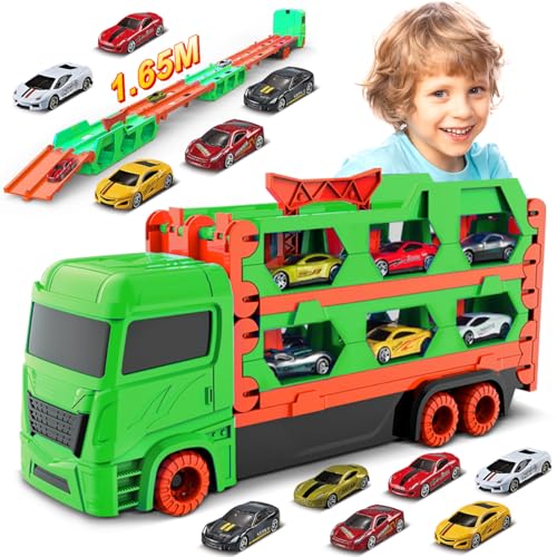 VATOS Transport Truck Spielzeugautos für Jungen im Alter von 3, 4, 5, 6 Jahren, tragbares Rennbahn Truck Spielzeugauto mit 6 Rennautos, Transporter Fahrzeug Spielzeug Set für Kinder von VATOS