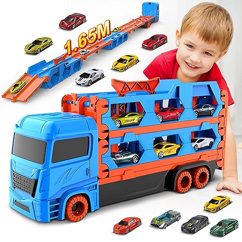 VATOS Transport Truck Spielzeugautos für Jungen im Alter von 3, 4, 5, 6 Jahren, tragbares Rennbahn Truck Spielzeugauto mit 6 Rennautos, Transporter Fahrzeug Spielzeug Set für Kinder von VATOS
