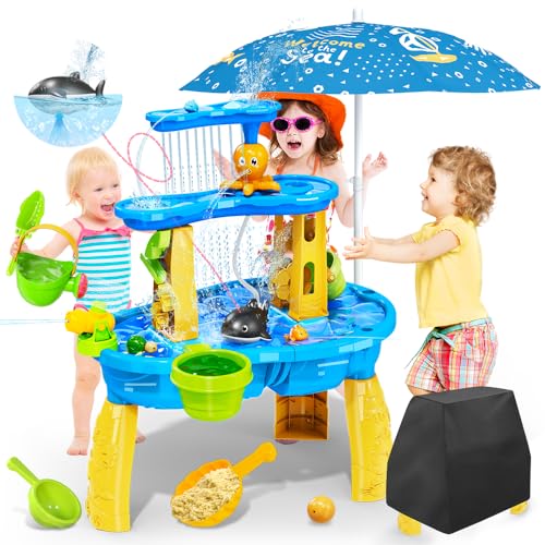 VATOS Wasserspieltisch für Kinder Kleinkinder - mit Wasser Pumb & Umbrella 3-Tier Sand Wassertisch Spielzeug Wasser Spielen Spielzeug für draußen im Freien Hinterhof, Kleinkind Jungen Mädchen von VATOS