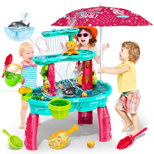 VATOS Wasserspieltisch für Kinder Kleinkinder - mit Wasser Pumb & Umbrella 3-Tier Sand Wassertisch Spielzeug Wasser Spielen Spielzeug für draußen im Freien Hinterhof, Kleinkind Jungen Mädchen von VATOS