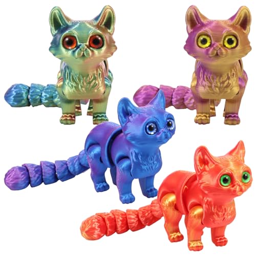 4 Stück 3D Gedruckte Katze,3D Gedrucktes Katzenspielzeug,Flexible Artikulierte Katzenfigur,Mehrfarbig Flexibel,Niedliches Katzenmodell mit Beweglichen Gelenken,Spielzeugdekor für Zuhause und Büro von VAVPUP