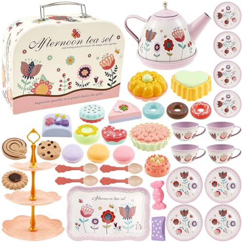 46 StückTeeservice Kinder, Lustiges Nachmittagstee Spielset mit Teekanne,Kinder teeservice,Dessert und Kuchenständer und Tragetasche,Rollenspiele Spielzeug für Mädchen von 3 bis 9 Jahren(Rosa) von VAVPUP