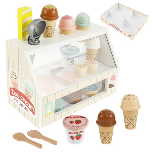 Eisdiele aus Holz,Sicheres Interessantes und Niedliches Lebensmittel Spielküchen Zubehörset,Holzspielzeug Küche Zubehör,Solides Spielzeug Geburtstagsgeschenk für Kinder(18pcs) von VAVPUP