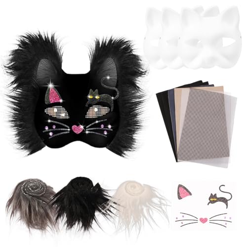 VAVPUP 13 Stück Katzenmaske Set,Therian Maske Kit mit 3 Blanko Katzenmaske,Kunstpelz,DIY Maskenmaske aus Papier,Maskes Kunsthandwerk Kit,Katzenmasken für Halloween,Ostern,Cosplay,Party(Stil 1) von VAVPUP