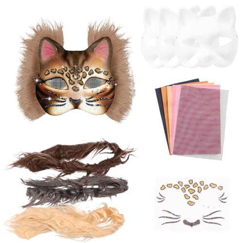 VAVPUP 13 Stück Katzenmaske Set,Therian Maske Kit mit 3 Blanko Katzenmaske,Kunstpelz,DIY Maskenmaske aus Papier,Maskes Kunsthandwerk Kit,Katzenmasken für Halloween,Ostern,Cosplay,Party(Stil 3) von VAVPUP