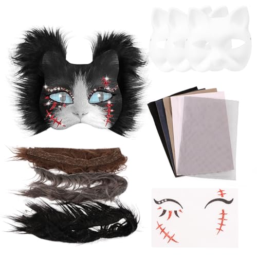 VAVPUP 13 Stück Katzenmaske Set,Therian Maske Kit mit 3 Blanko Katzenmaske,Kunstpelz,DIY Maskenmaske aus Papier,Maskes Kunsthandwerk Kit,Katzenmasken für Halloween,Ostern,Cosplay,Party(Stil 4) von VAVPUP