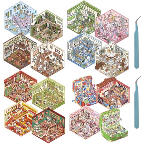 VAVPUP 16 Stück DIY 3D Hausaufkleber,3D House Stickers mit Pinzette,Wiederverwendbar 3D Aufkleberszenen,Fun Kreative DIY Miniaturszenen für Kinder und Erwachsene von VAVPUP