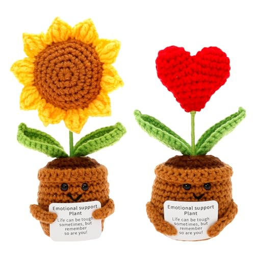 VAVPUP 2 Stück Häkelpflanzen zur Emotionalen Unterstützung,Handgefertigte Inspirierende Häkel Sonnenblumen mit Motivierenden Karten als Schreibtischdeko für Zuhause und Büro(A) von VAVPUP