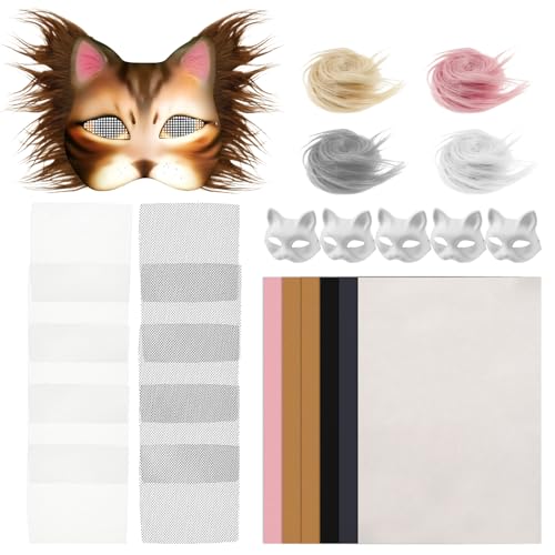VAVPUP 6 Stück Katzenmasken,Therian Mask mit 5 Kuns Fell und 12 Eye Mesh,Kreatives Katzenmasken Set,Lustiges Maskes Kunsthandwerk Kit,DIY Papier Maske für Karneval,Maskerade, Cosplay, Party(A) von VAVPUP