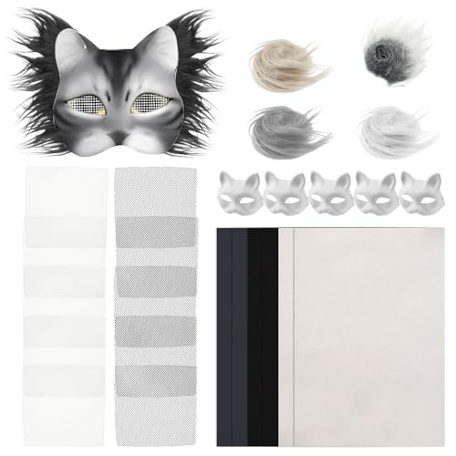 VAVPUP 6 Stück Katzenmasken,Therian Mask mit 5 Kuns Fell und 12 Eye Mesh,Kreatives Katzenmasken Set,Lustiges Maskes Kunsthandwerk Kit,DIY Papier Maske für Karneval,Maskerade, Cosplay, Party(B) von VAVPUP