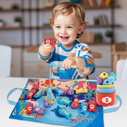 VAVPUP Montessori Spielzeug,Angelspiel aus Stoff,Angelspiel kinderspielzeug,Tragbares Angelspielzeug mit 5 stapelbaren Eimern Motorikspielzeug für Jungen und Mädchen von 0 bis 36 Monaten(A) von VAVPUP