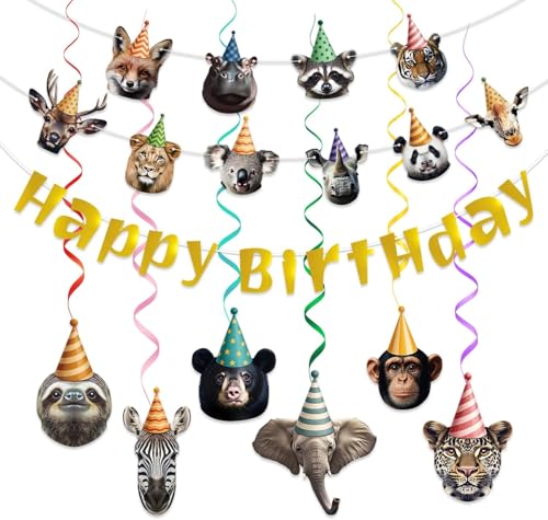 Safari Animal Birthday Party Decorations - Happy Birthday Banner, Jungle Animal Banner & Swirls Hanging Decorations for Kids Boys Girls - Wild Zoo Party Supplies von VAWcornic