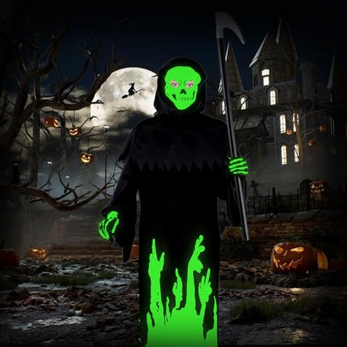 VAZILLIO Halloween Kostüm Kinder, Glühen im Dunkeln Sensenmann Kostüm Kinder mit Hochwertige Handschuhe und Sense, Halloween Costume für Cosplay Halloween Party Karneva VAZILLIO Halloween Kostüm Kinder, Glühen im Dunkeln Sensenmann Kostüm Kinder mit Hochwertige Handschuhe und Sense, Halloween Costume für Cosplay Halloween Party Karneva von VAZILLIO