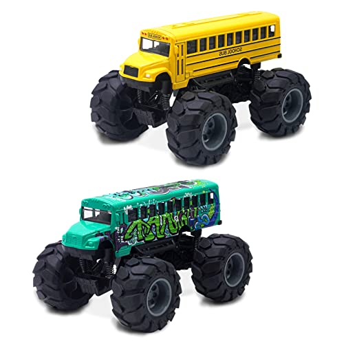 VBACALA 2 Stück Monster Trucks, Die-Cast Schulbus Spielzeug, Hohe Monstert Trucks mit Exit Funktion, Gelber Schulbus und Grüner Schulbus Spielzeug, Spielzeug Fahrzeuge für Kinder von VBACALA