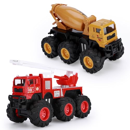 VBACALA 2PCS Bigfoot Monster Truck Spielzeug-Legierung Feuerwehrauto Feuerwehr Auto Reibungskraft Spielzeug Auto mit Leiter+Betonmischer Spielzeug Baustellenfahrzeuge Kinder für Mädchen und Jungen von VBACALA