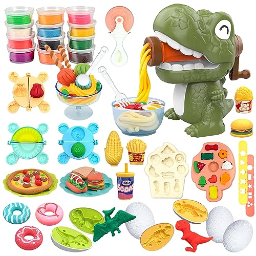 VBACALA 42 Stück Knete Zubehör mit 12 Dosen Knetmasse,Knete Dino Nudelmaschine Kinderknete,Dinosaurier Knete Set,Dinosaurier Spielzeug Knetwerkzeug für Kinder, knete ab 3 Jahre von VBACALA